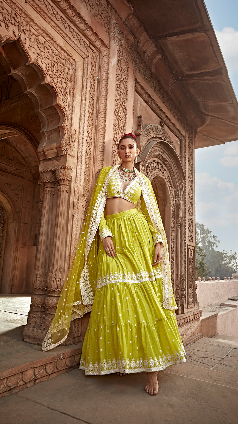 Neon Green Triangle Lehenga with Embroidered Dupatta