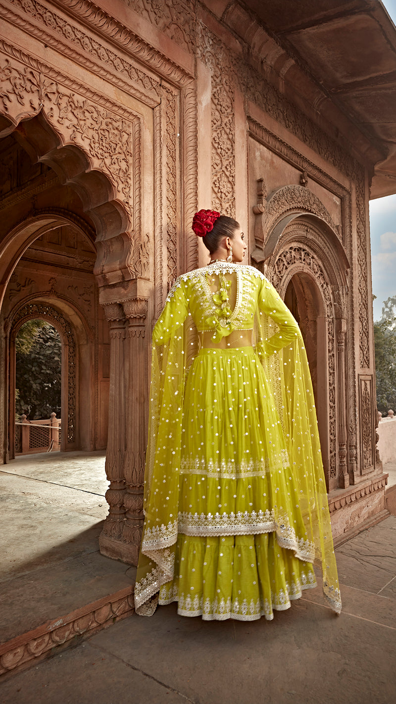 Neon Green Triangle Lehenga with Embroidered Dupatta