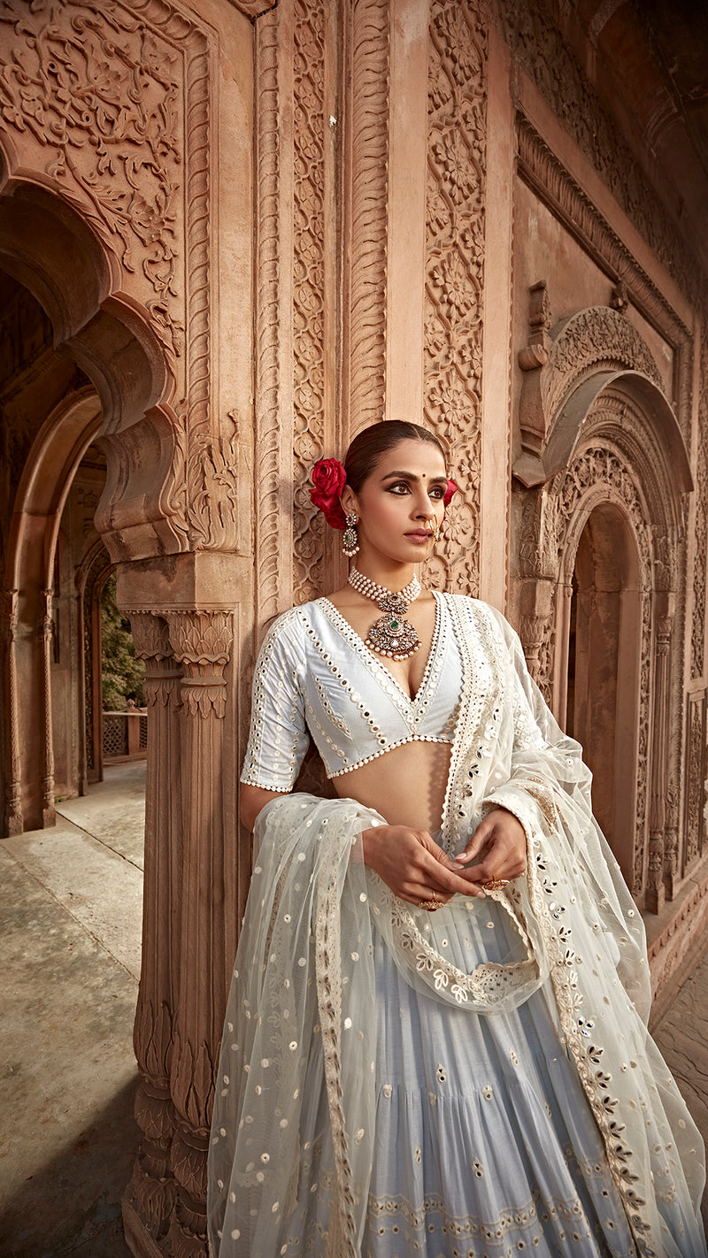 Ice Blue All Three Lehenga with Embroidered Dupatta