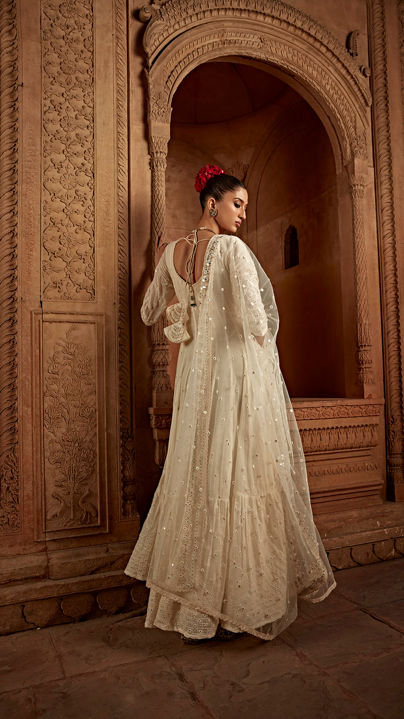 Off White Barfi Anarkali With Embroidered Dupatta