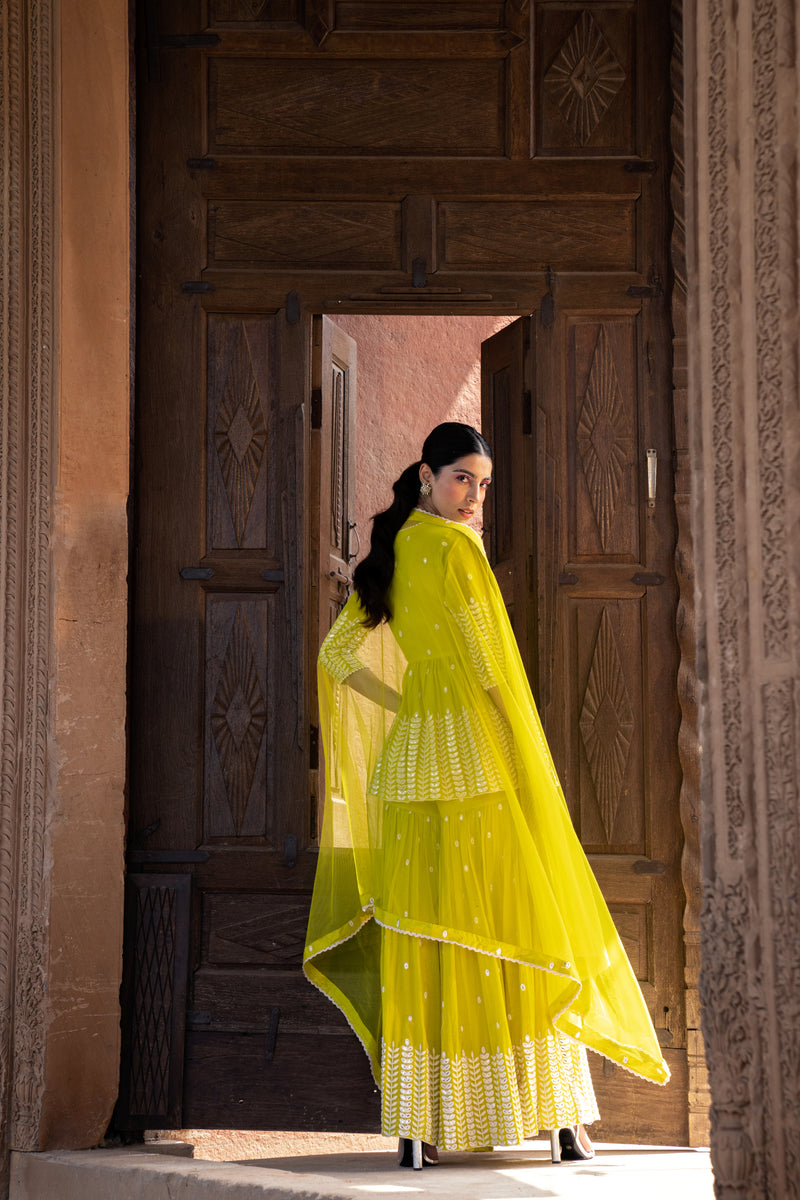 Neon Green Leaf Peplum Sharara