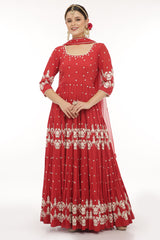 Red 4 Tier Flower Embroidered Anarkali with Dupatta