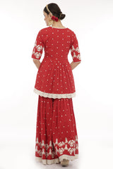 Red Flower One Side Embroidered Straight Sharara
