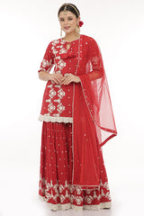 Red Flower One Side Embroidered Straight Sharara