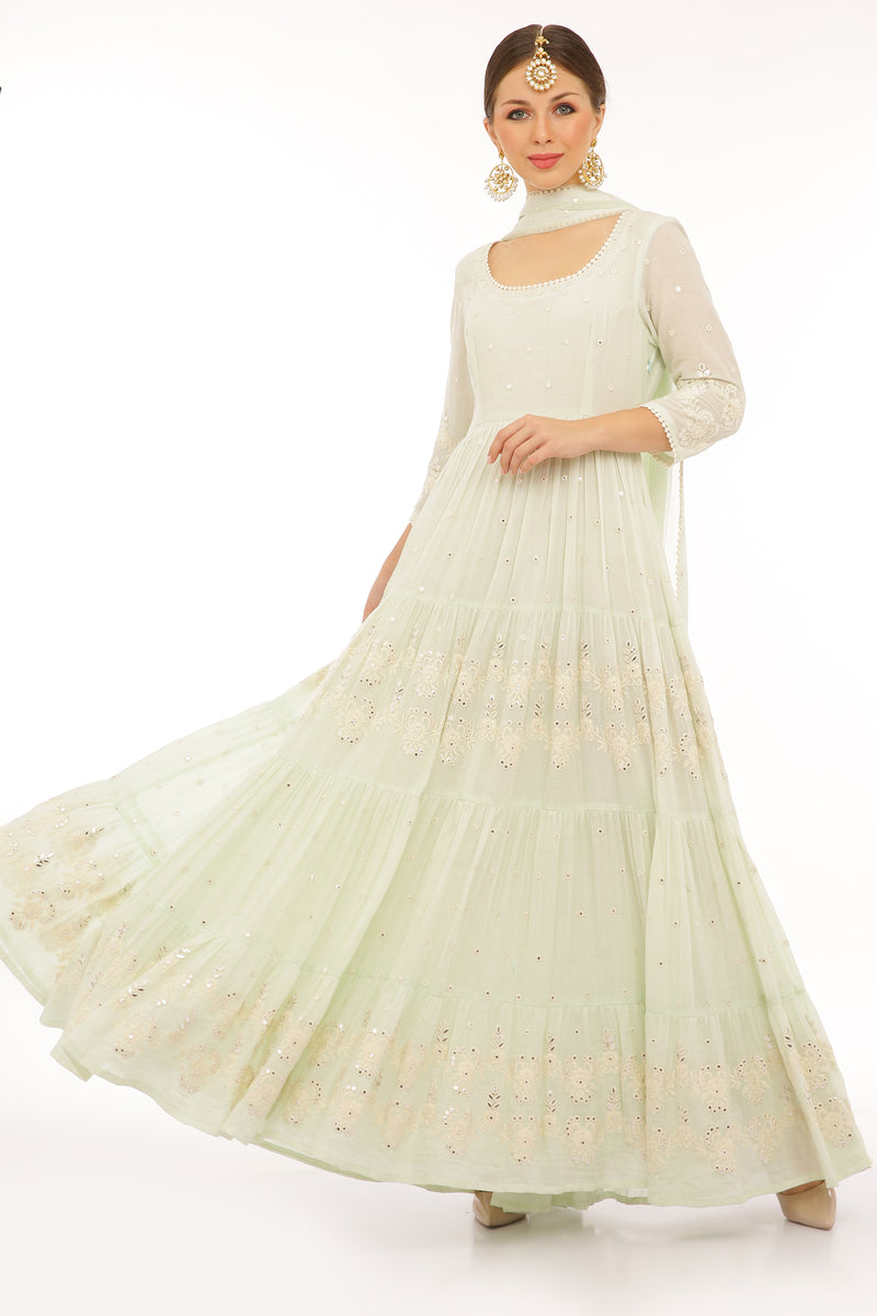 Mint 4 Tier Flower Embroidered Anarkali with Dupatta