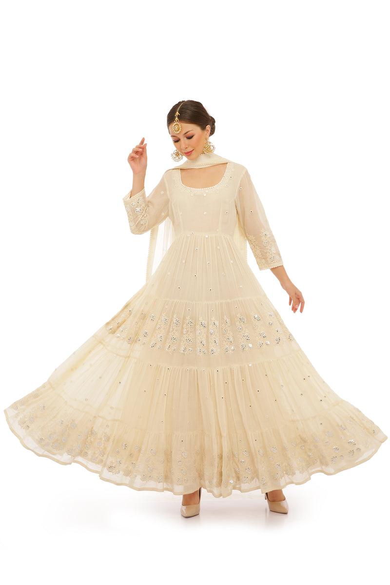 Off White Lotus 4 Tier Embroidered Anarkali with Dupatta